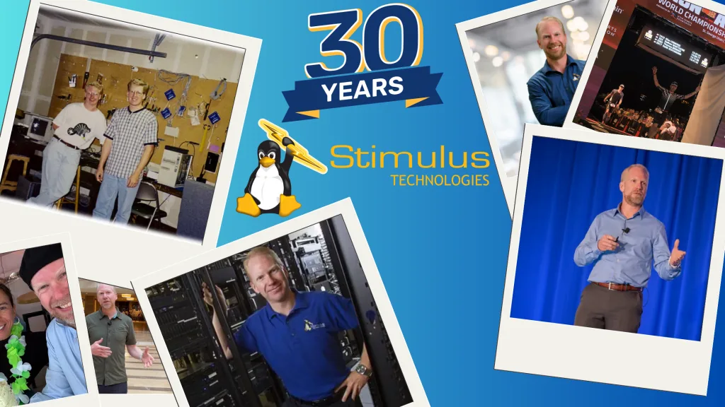 “Photo collage celebrating 30 years of Stimulus Technologies. Includes a vintage photo of Nathan Whittacre and his brother in a garage workshop, modern images of Nathan speaking on stage, with clients, and in a server room. Center includes '30 Years' banner, Stimulus Technologies logo, and Linux penguin mascot