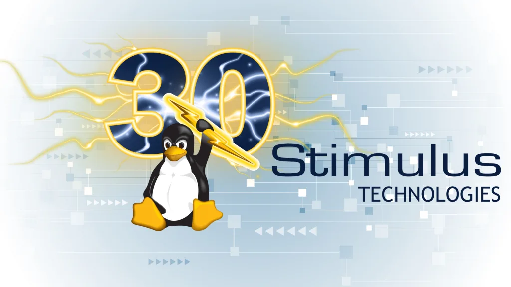 Stimulus Technologies 30-Year Anniversary Logo with Blue and Silver Design