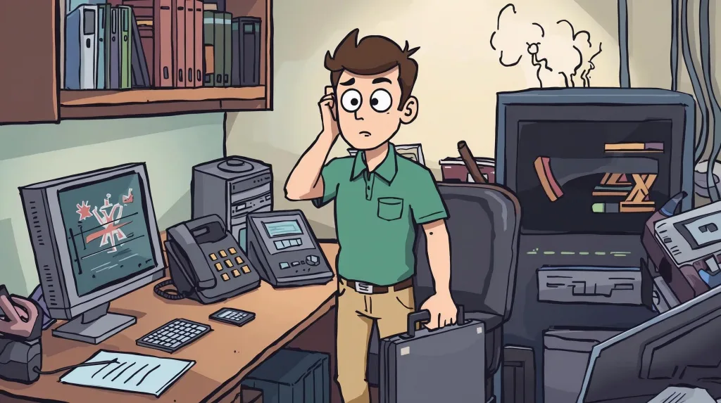 Cartoon of an overwhelmed IT worker holding a briefcase and phone in a cluttered office, with broken computers and smoking server equipment around him.
