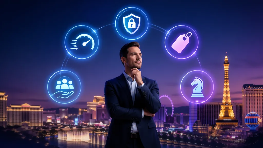 Business owner evaluating IT support providers in Las Vegas with icons representing response time, cybersecurity, pricing, service coverage, and IT strategy