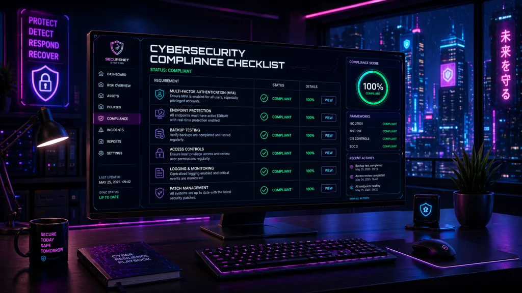 Monitor displaying a cybersecurity compliance checklist and security dashboard in a neon-lit office workspace