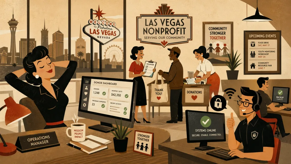 Cartoon illustration of nonprofit IT support in Las Vegas with donor dashboard, cybersecurity icons, and helpdesk technician assisting staff