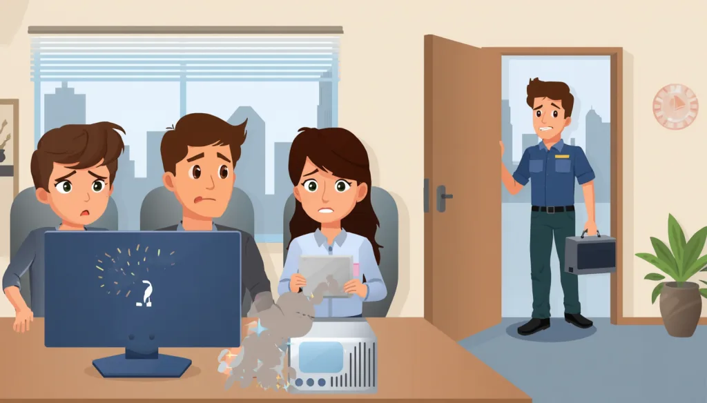 Cartoon office with broken computer hardware and stressed employees while onsite IT technician arrives to fix issue in Las Vegas business