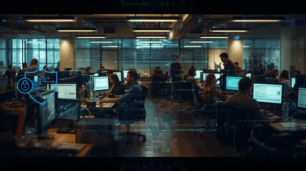 Modern office with employees working at computers and a digital security shield overlay representing cybersecurity protection for business.