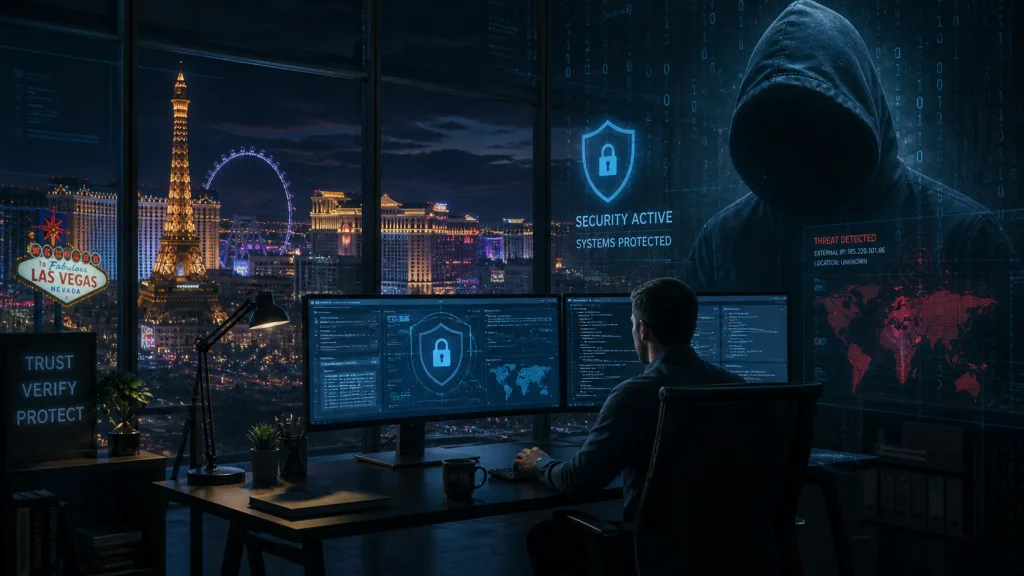 Cybersecurity monitoring for Las Vegas small businesses with threat detection dashboards and city skyline