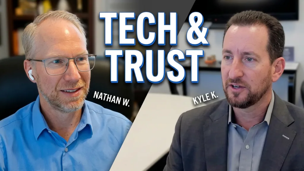 Nathan Whittacre and Kyle Kirwan on a Stimulus Tech Talk podcast thumbnail with the text “Tech & Trust.”