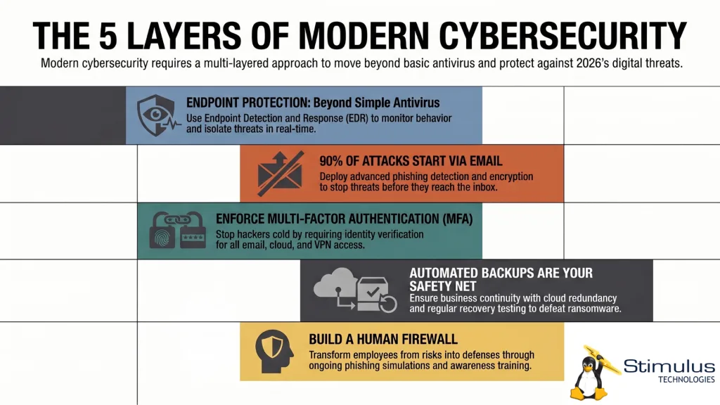 Infographic showing the five layers of modern cybersecurity including endpoint protection, email security, MFA, backups, and user training