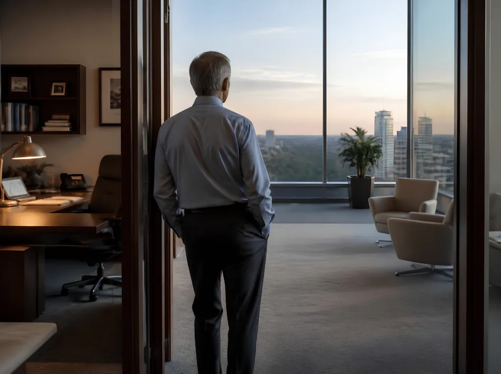 Business owner standing in an office doorway and looking toward the city while considering business exit planning.